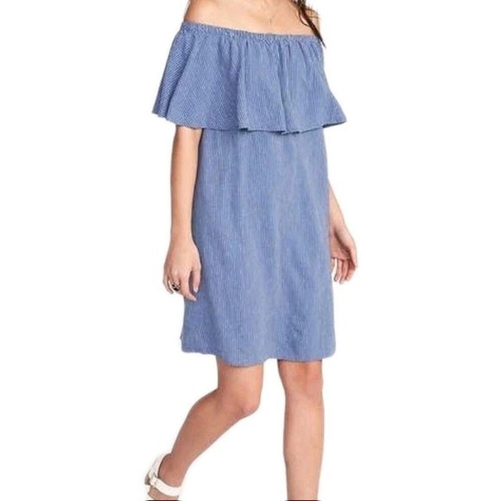 OLD NAVY Blue Stripe Off the Shoulder Ruffle Top Shift Dress Women's Medium